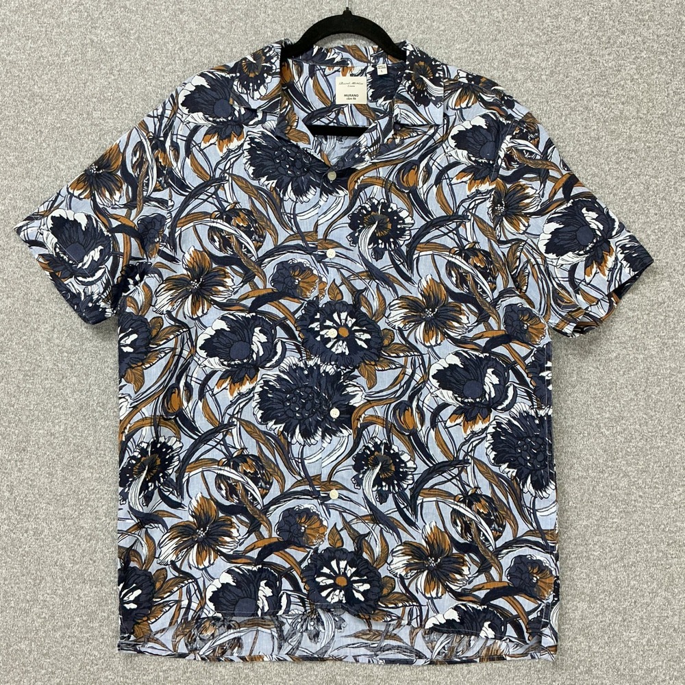 Murano Baird McNutt Linen Short Sleeve Shirt Mens Size L Blue Floral Slim Fit